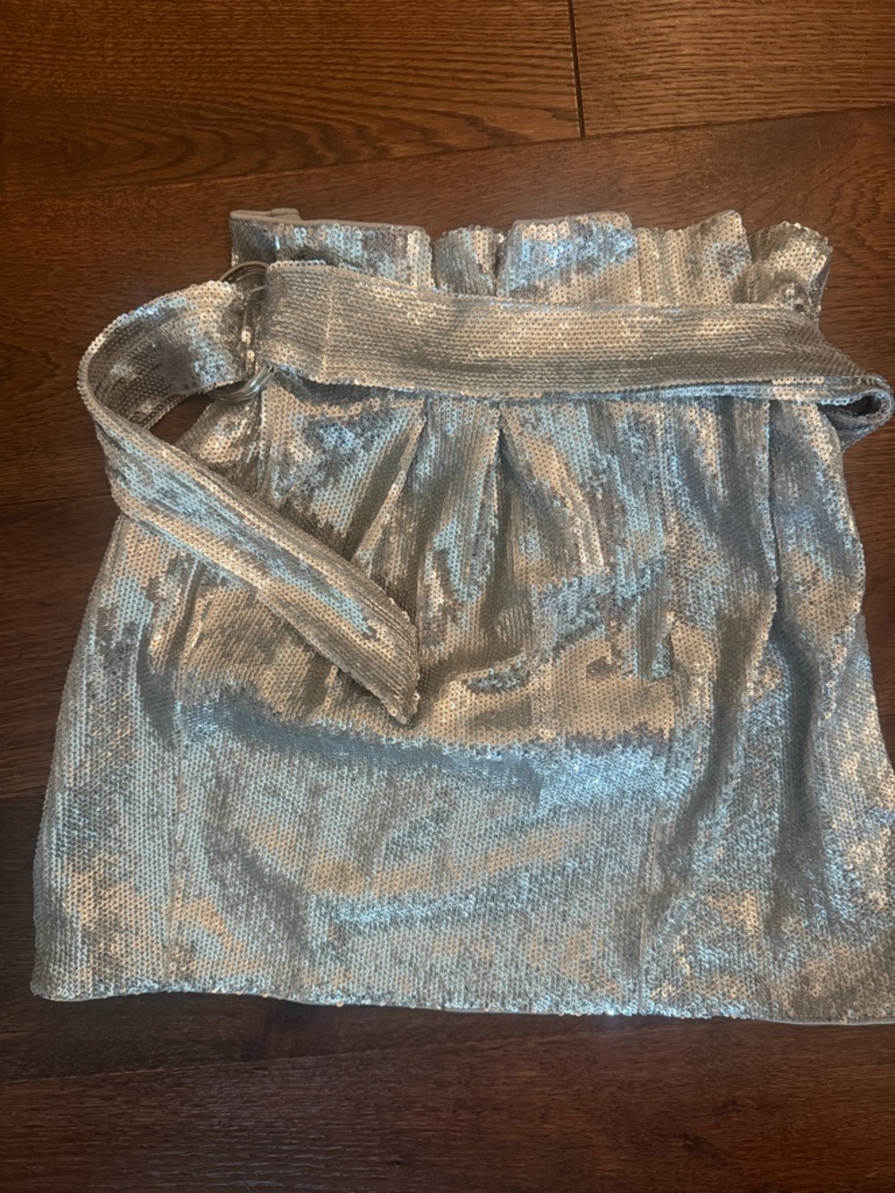 Lovers & Friends Paper Bag Silver Sequin Mini Skirt with Sash Waist